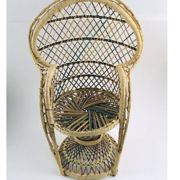 VTG Mini Peacock Rainbow Wicker Fan Back Rattan Chair 16” Doll Plant Stand Cotta - Picture 1 of 12